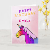 Roze kleurrijke eenhoorn meisje Happy Birthday Kaart (Gele Bloem)