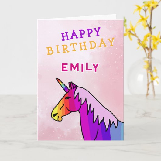 Roze kleurrijke eenhoorn meisje Happy Birthday Kaart (Gele Bloem)