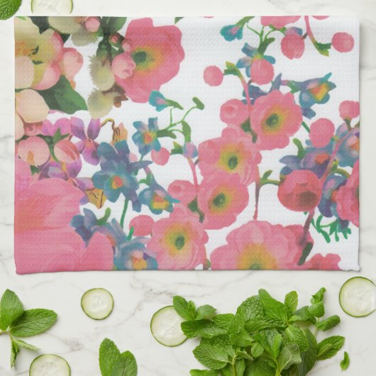 Roze kleurrijke Floral botanische bloemen Theedoek (Gevouwen)