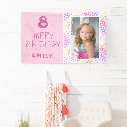 Roze Kleurrijke Golf Meisje Gelukkige Foto Verjaar Spandoek (Insitu)