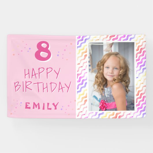 Roze Kleurrijke Golf Meisje Gelukkige Foto Verjaar Spandoek (Horizontaal)