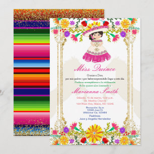 Roze Kleurrijke Mexicaanse Bloemrijke Quinceañera  Kaart