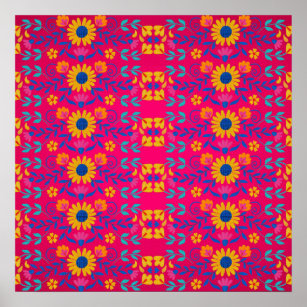 Roze kleurrijke Mexicaanse Folk Art floral Pattern Poster