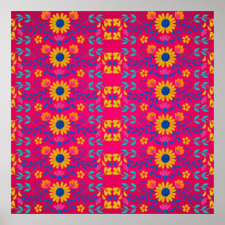 Roze kleurrijke Mexicaanse Folk Art floral Pattern Poster