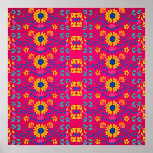 Roze kleurrijke Mexicaanse Folk Art floral Pattern Poster (Voorkant)