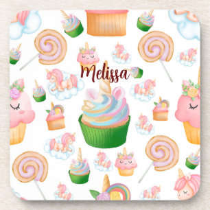 Roze kleurrijke naam Persoonlijke Cupcake Unicorn Bier Onderzetter