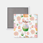 Roze kleurrijke naam Persoonlijke Cupcake Unicorn Magneet (Voorkant / Achterkant)