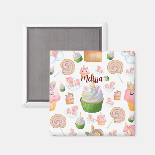 Roze kleurrijke naam Persoonlijke Cupcake Unicorn Magneet (Voorkant / Achterkant)