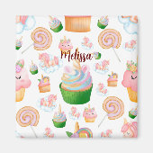 Roze kleurrijke naam Persoonlijke Cupcake Unicorn Magneet (Voorkant)