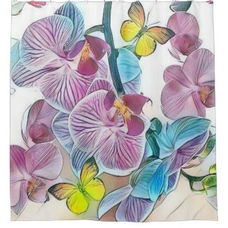 Roze kleurrijke orchidee bloemvlinders waterverf douchegordijn