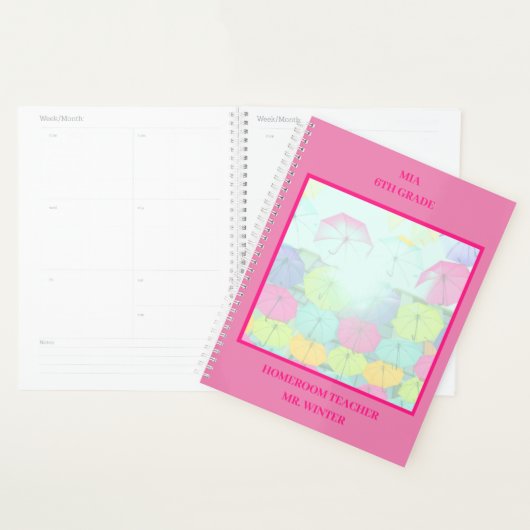 Roze Kleurrijke Paraplu's School Classroom Planner (Display)