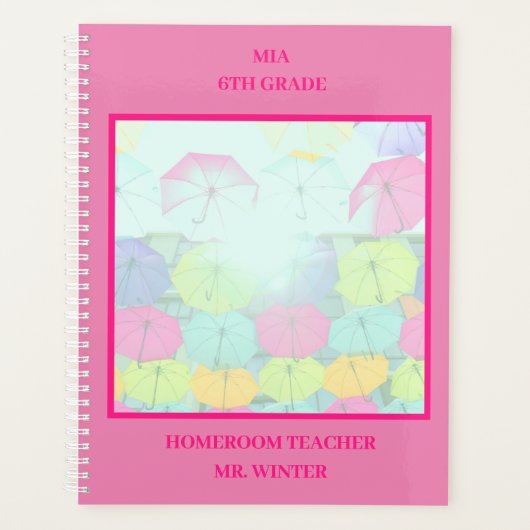 Roze Kleurrijke Paraplu's School Classroom Planner (Voorkant)