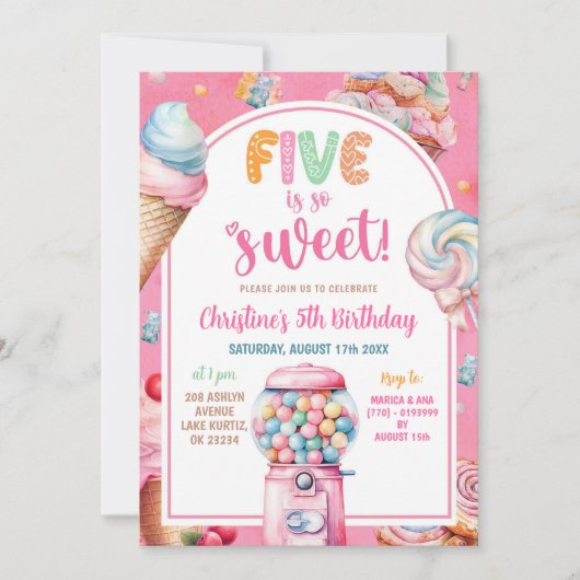 Roze Kleurrijke Pastel Snoepjes Kind 5 jarig Kaart (Voorkant)