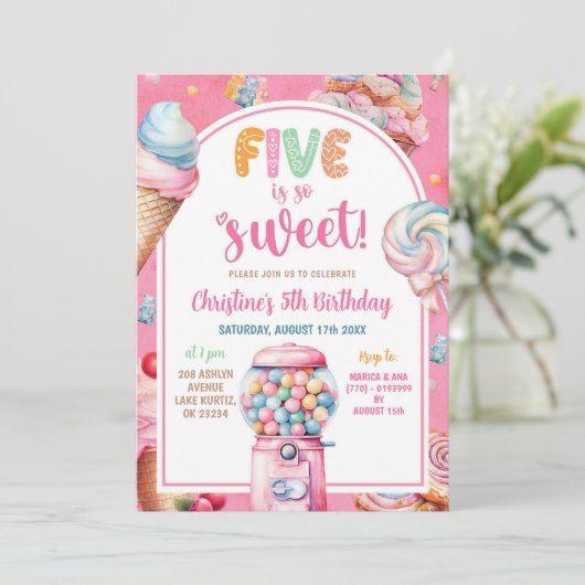 Roze Kleurrijke Pastel Snoepjes Kind 5 jarig Kaart (Staand voorkant)