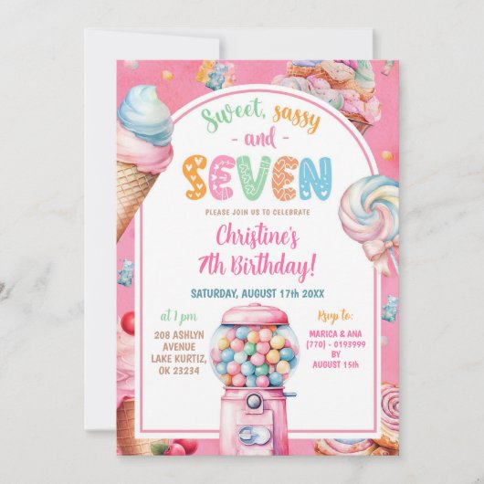 Roze Kleurrijke Pastel Snoepjes Kind 7 jarig Kaart (Voorkant)