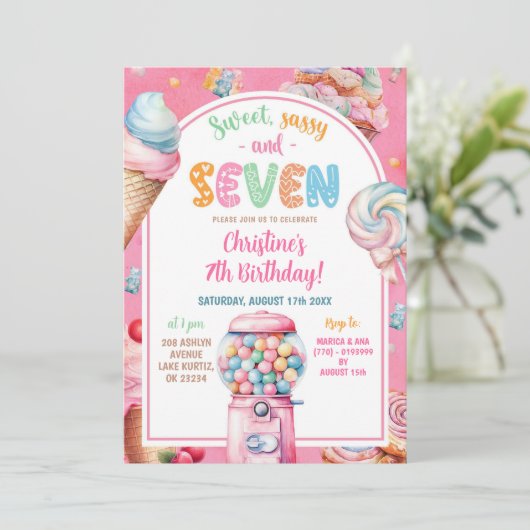 Roze Kleurrijke Pastel Snoepjes Kind 7 jarig Kaart (Staand voorkant)