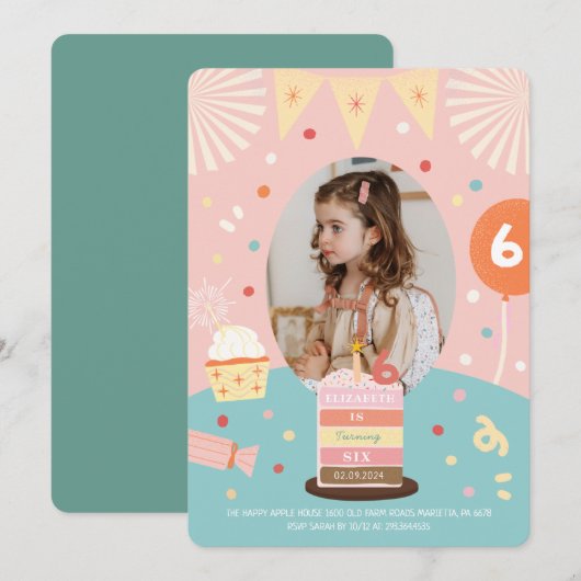 Roze Kleurrijke Sparkle Princess Foto Verjaardagsd Kaart (Voorkant / Achterkant)