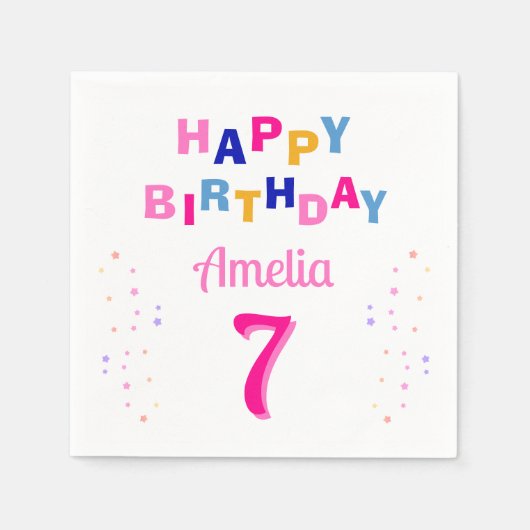 Roze Kleurrijke Sterren Meisje Happy Birthday Part Servet (Voorkant)