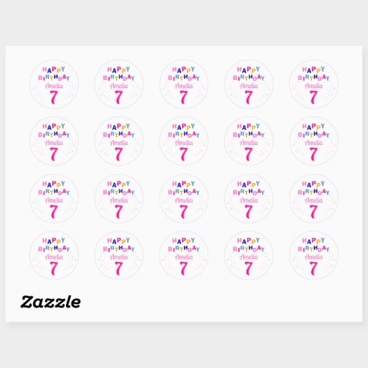 Roze Kleurrijke Sterren Meisje Happy Birthday Ronde Sticker (Vel)