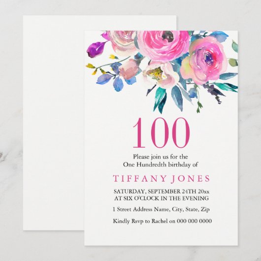 Roze Kleurrijke Tropische Bloem 100ste Verjaardag Kaart (Voorkant / Achterkant)
