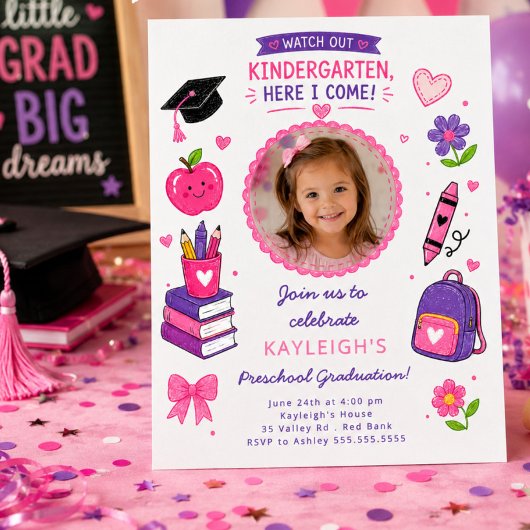 Roze kleuterschool diploma uitnodiging