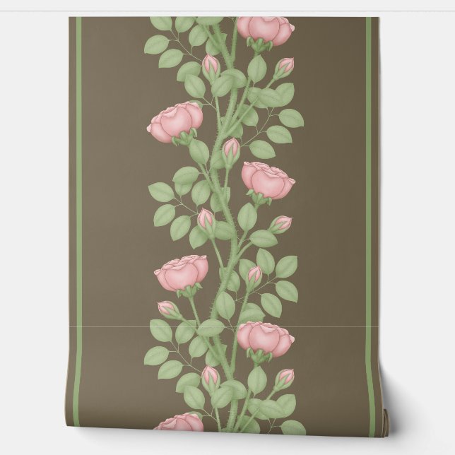 Roze Klimmende Rozen op bruin Behang (Afrollen)