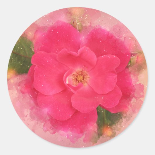 Roze Knockout Roos Waterverf  Ronde Sticker (Voorkant)