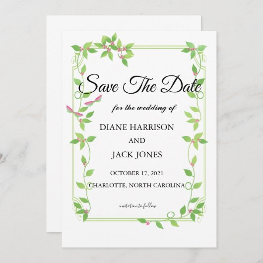 Roze knoppen op groene ijzige bruiloft sparen de d kaart (Voorkant / Achterkant)