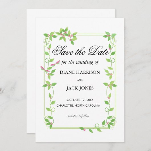 Roze knoppen op groene ijzige bruiloft sparen de d kaart (Voorkant / Achterkant)