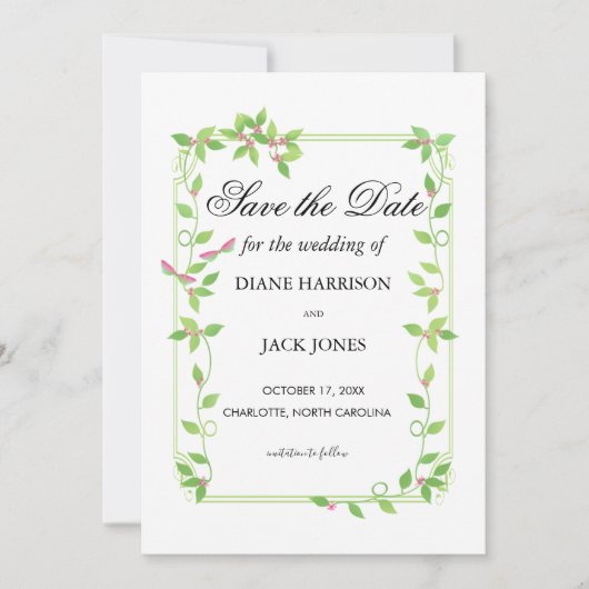 Roze knoppen op groene klimop trouw save the date kaart (Voorkant)