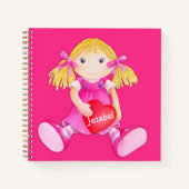 Roze knuffelpop met eigen naam waterverf ontwerp notitieboek (Voorkant)