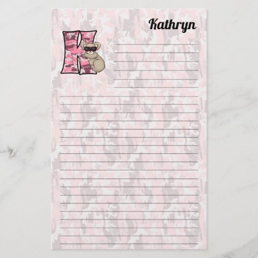 Roze Koala Mongram Letter K Lined Briefpapier (Voorkant)