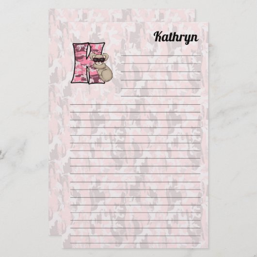 Roze Koala Mongram Letter K Lined Briefpapier (Voorkant / Achterkant)