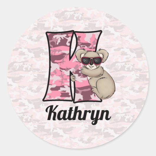 Roze Koala Monogram Letter K met naam Ronde Sticker (Voorkant)