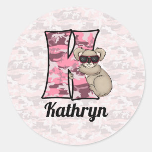 Roze Koala Monogram Letter K met naam Ronde Sticker