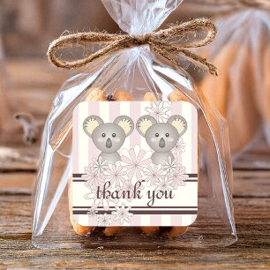 Roze Koala Twin Meisje Baby shower / Kinderen Verj Vierkante Sticker