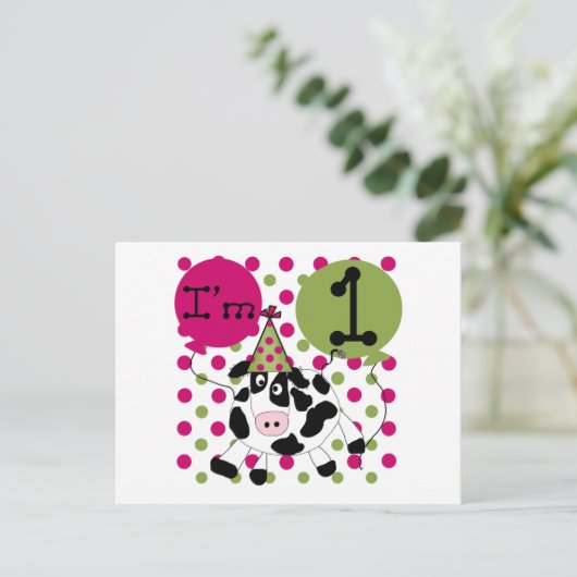 Roze Koe 1ste verjaardag overhemden en cadeaus Briefkaart (Staand voorkant)