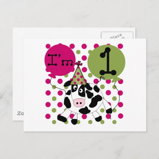 Roze Koe 1ste verjaardag overhemden en cadeaus Briefkaart (Voorkant / Achterkant)