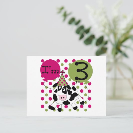 Roze Koe 3e verjaardag overhemden en cadeaus Briefkaart (Staand voorkant)