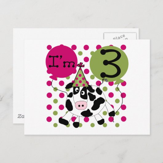 Roze Koe 3e verjaardag overhemden en cadeaus Briefkaart (Voorkant / Achterkant)