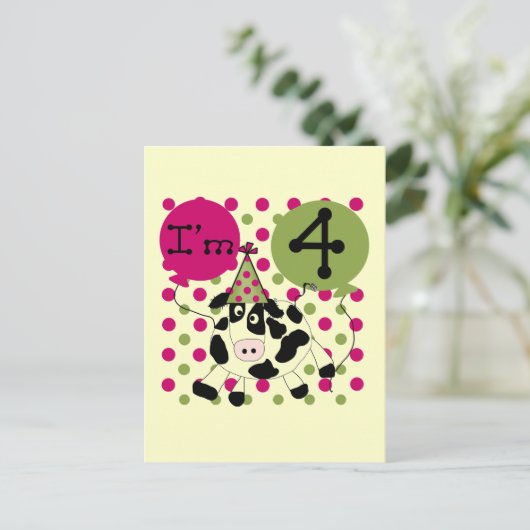 Roze Koe 4e Verjaardag Tshirts en geschenken Briefkaart (Staand voorkant)