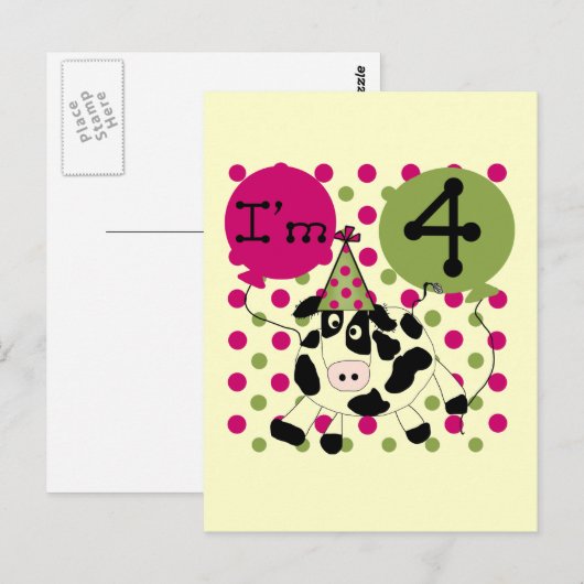 Roze Koe 4e Verjaardag Tshirts en geschenken Briefkaart (Voorkant / Achterkant)