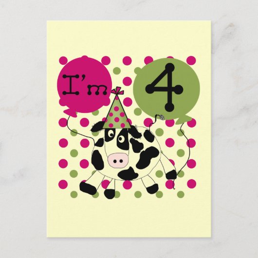 Roze Koe 4e Verjaardag Tshirts en geschenken Briefkaart (Voorkant)