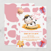 Roze Koe Afdrukken 1e verjaardag Holly Koe Kaart (Voorkant / Achterkant)