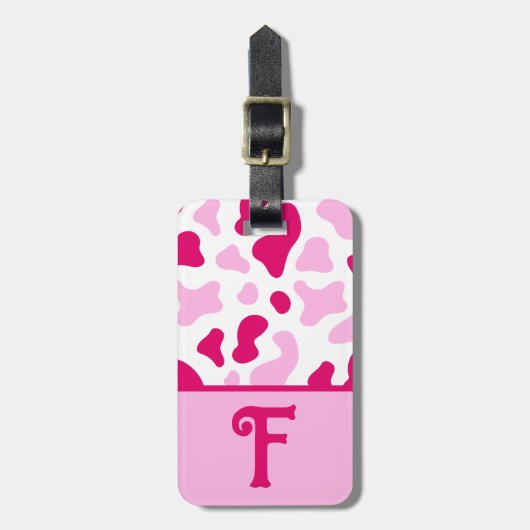 Roze Koe Afdrukken, Initiaal van het Kind Kleurblo Bagagelabel (Voorkant verticaal)