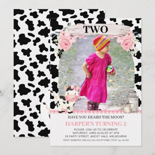 Roze Koe Druk Roze Floral Foto Birthday Kaart (Voorkant / Achterkant)