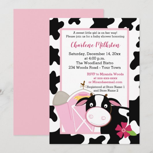 Roze Koe Girl Baby shower Invitation Kaart (Voorkant / Achterkant)