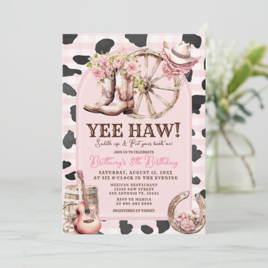 Roze Koe Skin Cowgirl Western 1e verjaardag Kaart (Staand voorkant)