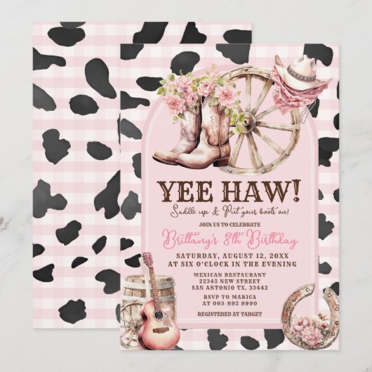 Roze Koe Skin Cowgirl Western 1e verjaardag Kaart (Voorkant / Achterkant)