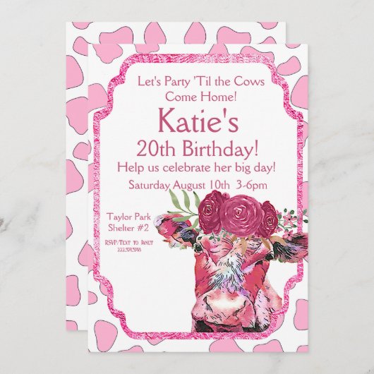 Roze Koe uitnodiging, elke leeftijd, Koe verjaarda Kaart (Voorkant / Achterkant)